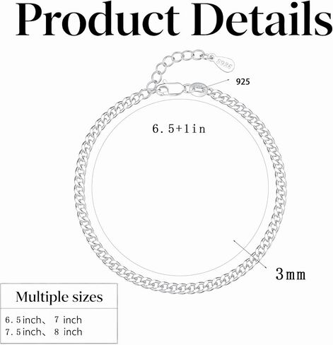 925 Sterling Silver Chain Bracelet for Women - Diamond-Cut Cuban Link Chain 6.5/7/7.5/8 Inches in Saudi Arabia
