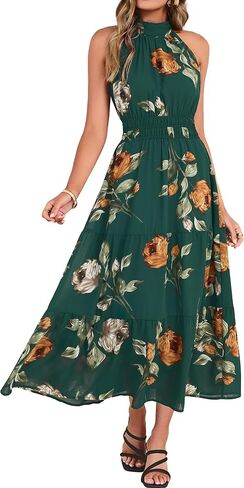 Simplee Womens Summer Halter Wedding Guest Dress Maxi Floral Vacation Boho Sundresses Flowy Formal Long Travel Dresses 2026 in Kuwait