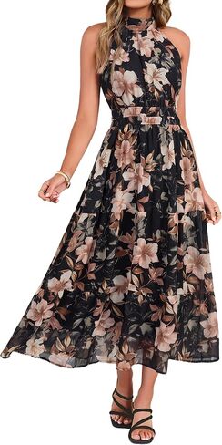 Simplee Womens Summer Halter Wedding Guest Dress Maxi Floral Vacation Boho Sundresses Flowy Formal Long Travel Dresses 2026 in Saudi Arabia