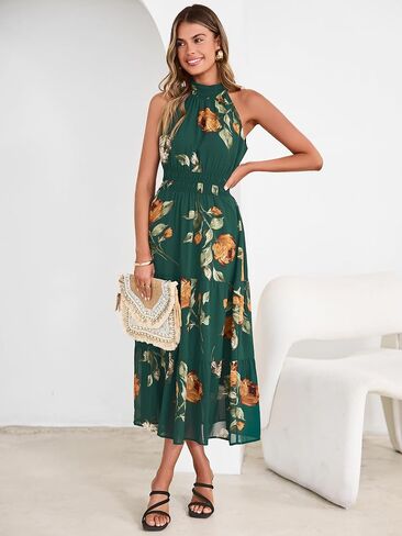 Simplee Womens Summer Halter Wedding Guest Dress Maxi Floral Vacation Boho Sundresses Flowy Formal Long Travel Dresses 2026 in Kuwait