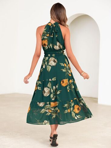 Simplee Womens Summer Halter Wedding Guest Dress Maxi Floral Vacation Boho Sundresses Flowy Formal Long Travel Dresses 2026 in Kuwait