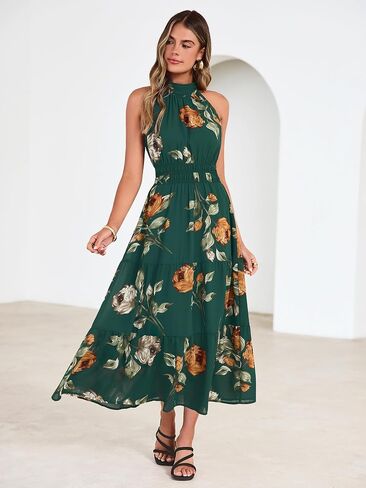 Simplee Womens Summer Halter Wedding Guest Dress Maxi Floral Vacation Boho Sundresses Flowy Formal Long Travel Dresses 2026 in Kuwait