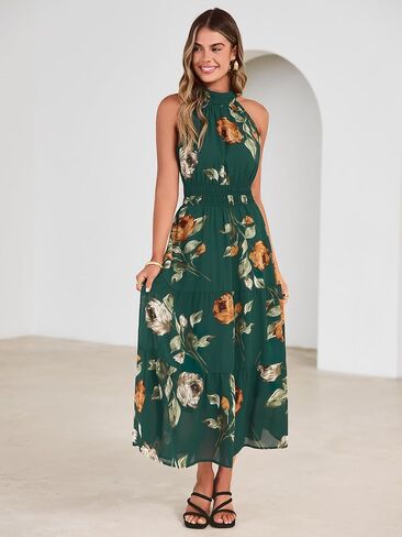 Simplee Womens Summer Halter Wedding Guest Dress Maxi Floral Vacation Boho Sundresses Flowy Formal Long Travel Dresses 2026 in Kuwait