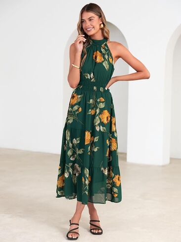 Simplee Womens Summer Halter Wedding Guest Dress Maxi Floral Vacation Boho Sundresses Flowy Formal Long Travel Dresses 2026 in Kuwait