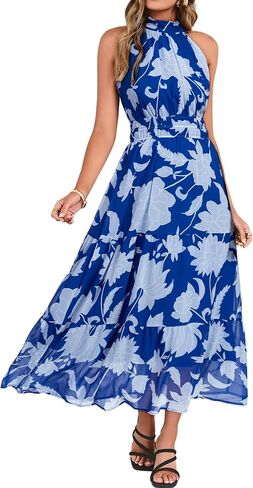 Simplee Womens Summer Halter Wedding Guest Dress Maxi Floral Vacation Boho Sundresses Flowy Formal Long Travel Dresses 2026 in Kuwait