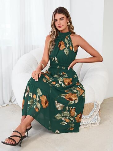 Simplee Womens Summer Halter Wedding Guest Dress Maxi Floral Vacation Boho Sundresses Flowy Formal Long Travel Dresses 2026 in Kuwait