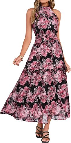 Simplee Womens Summer Halter Wedding Guest Dress Maxi Floral Vacation Boho Sundresses Flowy Formal Long Travel Dresses 2026 in Kuwait