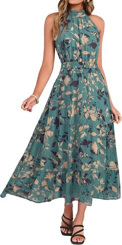 Simplee Womens Summer Halter Wedding Guest Dress Maxi Floral Vacation Boho Sundresses Flowy Formal Long Travel Dresses 2026 in Kuwait