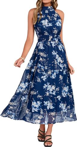 Simplee Womens Summer Halter Wedding Guest Dress Maxi Floral Vacation Boho Sundresses Flowy Formal Long Travel Dresses 2026 in Kuwait