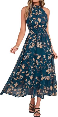 Simplee Womens Summer Halter Wedding Guest Dress Maxi Floral Vacation Boho Sundresses Flowy Formal Long Travel Dresses 2026 in Kuwait