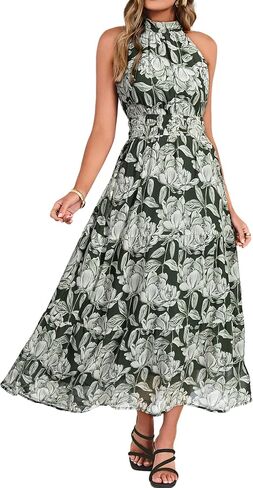 Simplee Womens Summer Halter Wedding Guest Dress Maxi Floral Vacation Boho Sundresses Flowy Formal Long Travel Dresses 2026 in Kuwait
