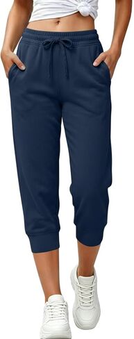 Capri Pants for Women Casual Drawstring Capris Sweatpants with Pockets Athletic Cropped Joggers for Gym Running in Kuwait