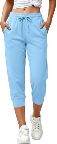 Capri Pants for Women Casual Drawstring Capris Sweatpants with Pockets Athletic Cropped Joggers for Gym Running in Kuwait