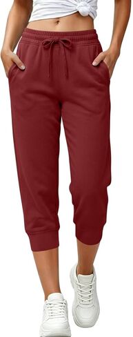 Capri Pants for Women Casual Drawstring Capris Sweatpants with Pockets Athletic Cropped Joggers for Gym Running in Kuwait