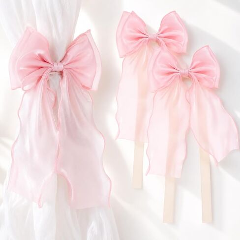 2 Pack Pink Curtain Tiebacks, Pink Bow Curtain Tiebacks Lace Ribbon Bowknot Curtains Straps for Weddings, Home, Bedroom, Office Decor in Saudi Arabia