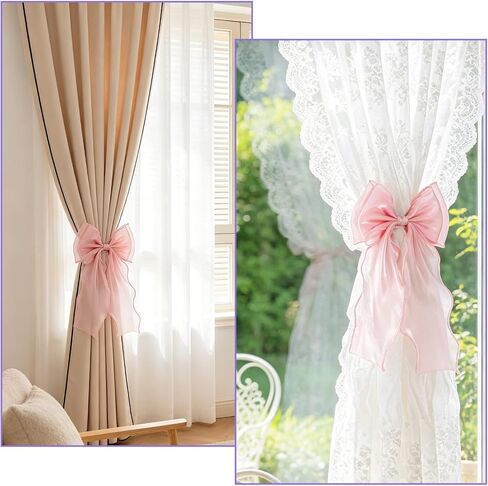 2 Pack Pink Curtain Tiebacks, Pink Bow Curtain Tiebacks Lace Ribbon Bowknot Curtains Straps for Weddings, Home, Bedroom, Office Decor in Saudi Arabia
