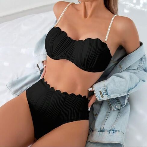 High Waisted Two Piece Bikini Set for Women - Push Up Spaghetti Strap Swimsuit for Summer Beach Vacations in Kuwait