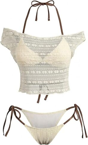 Verdusa Women's 3 Piece Lace Halter Bikini Sets Off The Shoulder Swimsuit with Beach Cover Up in Kuwait