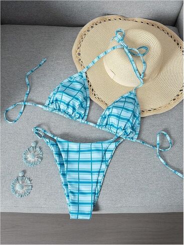SweatyRocks Women's Micro Thong Bikini Sets Plaid High Cut Sexy Cute Bathing Suit 2 Piece Summer Beach Vacation Swimwear in Kuwait