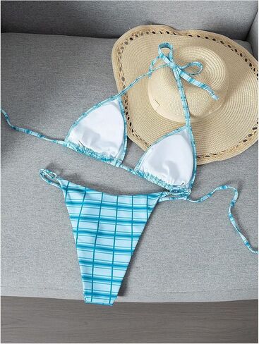 SweatyRocks Women's Micro Thong Bikini Sets Plaid High Cut Sexy Cute Bathing Suit 2 Piece Summer Beach Vacation Swimwear in Kuwait