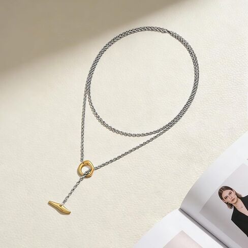 Two Tone Long Necklaces for Women Silver And Gold Lariat Y Necklace Adjustable Layered Chain Fashion Dainty Jewelry in Saudi Arabia