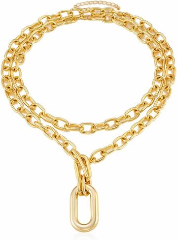 Gold Layered Chunky Chain Necklace for Women, Double Chain Paperclip Pendant Statement Choker, Trendy Minimalist Fashion Jewelry in Saudi Arabia