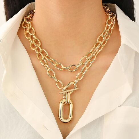 Gold Layered Chunky Chain Necklace for Women, Double Chain Paperclip Pendant Statement Choker, Trendy Minimalist Fashion Jewelry in Saudi Arabia