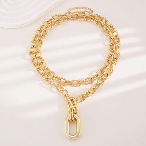 Gold Layered Chunky Chain Necklace for Women, Double Chain Paperclip Pendant Statement Choker, Trendy Minimalist Fashion Jewelry in Saudi Arabia