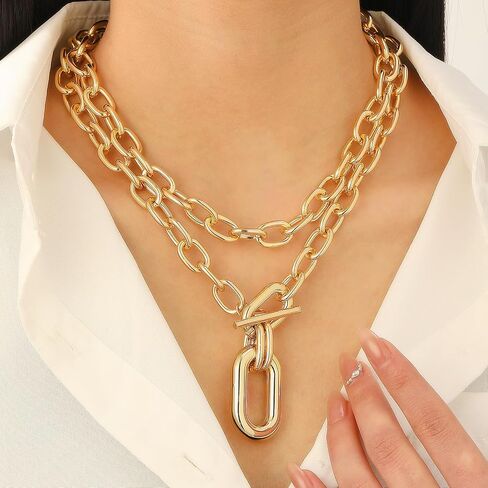 Gold Layered Chunky Chain Necklace for Women, Double Chain Paperclip Pendant Statement Choker, Trendy Minimalist Fashion Jewelry in Saudi Arabia