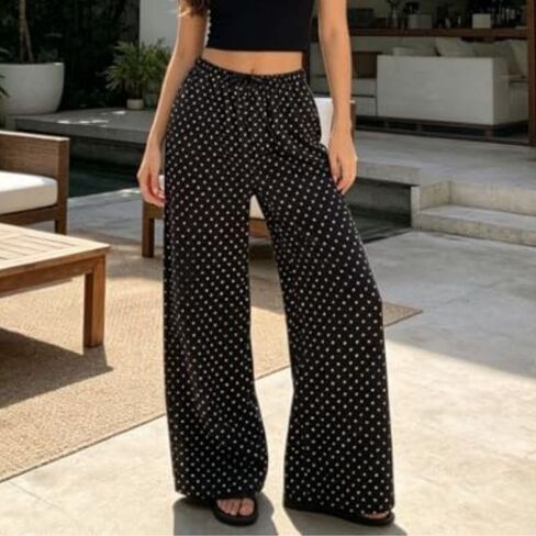 1 Pack Women's Casual Trousers,Polka Dot Wide Leg Pants,Casual Loose Straight Pants,Wide Leg Long Lounge Pant,Black in Kuwait