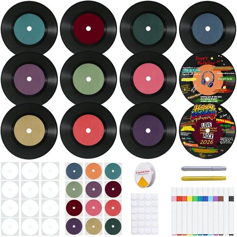 CSCHENGO 7 Inch Vinyl Records Decor Kit - 12 PCS Double-Sided Blank Records Vinyl with 24 Labels, 14 Pens, Hanging/Wall Decor, Fake Records for DIY Enthusiasts Event Planners Birthdays Decor in Saudi Arabia