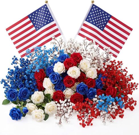 40 Pcs Red White and Blue Artificial Flowers, Patriotic 4th of July Silk Bouquet Thank You Veterans Silk Rose with American Flag, Artificial Full Blooming Flowers for Independence Day Home Decor in Saudi Arabia