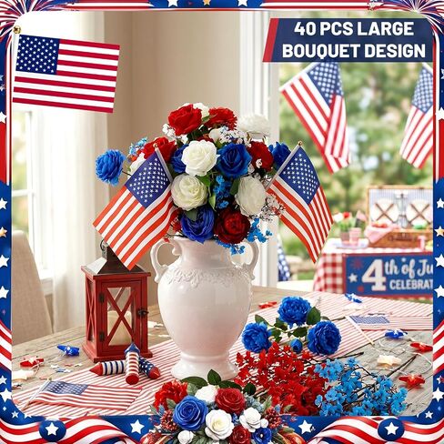 40 Pcs Red White and Blue Artificial Flowers, Patriotic 4th of July Silk Bouquet Thank You Veterans Silk Rose with American Flag, Artificial Full Blooming Flowers for Independence Day Home Decor in Saudi Arabia