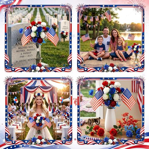 40 Pcs Red White and Blue Artificial Flowers, Patriotic 4th of July Silk Bouquet Thank You Veterans Silk Rose with American Flag, Artificial Full Blooming Flowers for Independence Day Home Decor in Saudi Arabia
