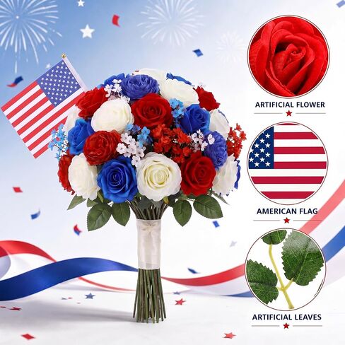 40 Pcs Red White and Blue Artificial Flowers, Patriotic 4th of July Silk Bouquet Thank You Veterans Silk Rose with American Flag, Artificial Full Blooming Flowers for Independence Day Home Decor in Saudi Arabia