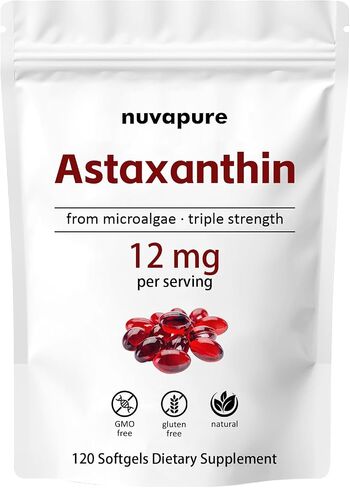 كبسولات هلامية NuvaPure Astaxanthin 12mg - أستازانتين بقوة ثلاثية من الطحالب الدقيقة، غير معدلة وراثيًا، خالية من الغلوتين، مكمل غذائي مضاد للأكسدة، 120 كبسولة هلامية in Kuwait