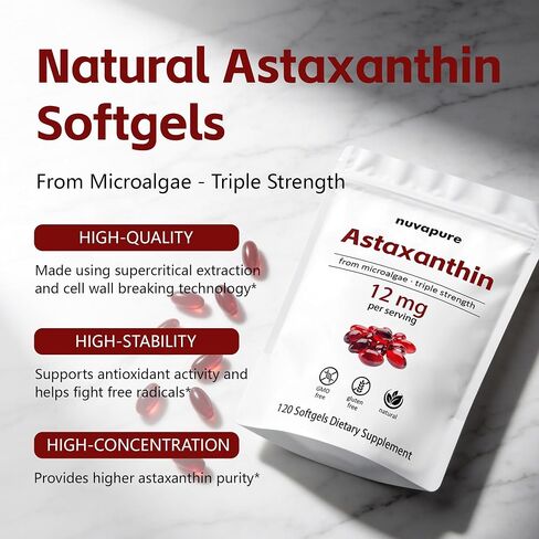 كبسولات هلامية NuvaPure Astaxanthin 12mg - أستازانتين بقوة ثلاثية من الطحالب الدقيقة، غير معدلة وراثيًا، خالية من الغلوتين، مكمل غذائي مضاد للأكسدة، 120 كبسولة هلامية in Kuwait
