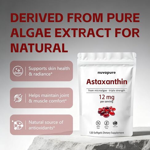 كبسولات هلامية NuvaPure Astaxanthin 12mg - أستازانتين بقوة ثلاثية من الطحالب الدقيقة، غير معدلة وراثيًا، خالية من الغلوتين، مكمل غذائي مضاد للأكسدة، 120 كبسولة هلامية in Kuwait