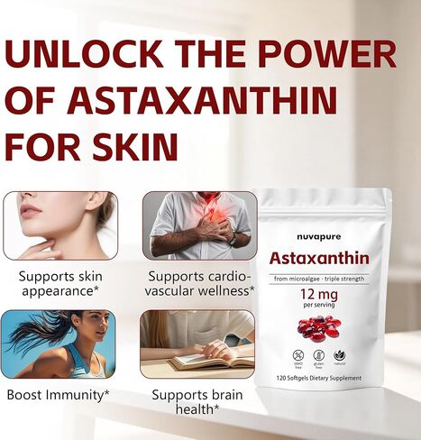 كبسولات هلامية NuvaPure Astaxanthin 12mg - أستازانتين بقوة ثلاثية من الطحالب الدقيقة، غير معدلة وراثيًا، خالية من الغلوتين، مكمل غذائي مضاد للأكسدة، 120 كبسولة هلامية in Kuwait