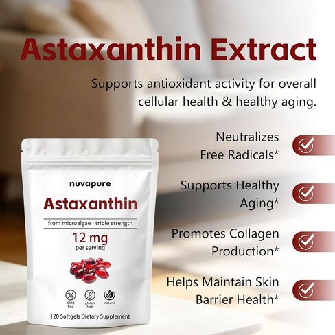 كبسولات هلامية NuvaPure Astaxanthin 12mg - أستازانتين بقوة ثلاثية من الطحالب الدقيقة، غير معدلة وراثيًا، خالية من الغلوتين، مكمل غذائي مضاد للأكسدة، 120 كبسولة هلامية in Kuwait
