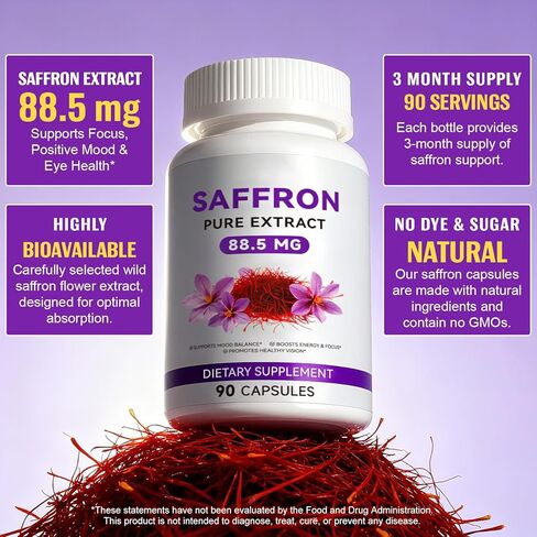 Saffron Supplements,100% Pure Saffron Extract Capsules 88.5 mg,Mood,Focus,Vision,Energy Support,Eye Health, 90 Capsules,3 Month Supply in Saudi Arabia