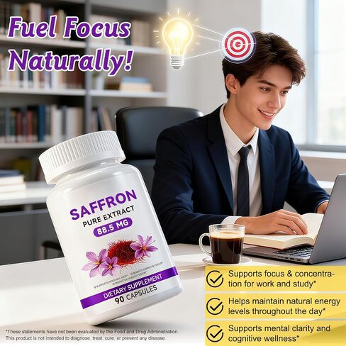 Saffron Supplements,100% Pure Saffron Extract Capsules 88.5 mg,Mood,Focus,Vision,Energy Support,Eye Health, 90 Capsules,3 Month Supply in Saudi Arabia