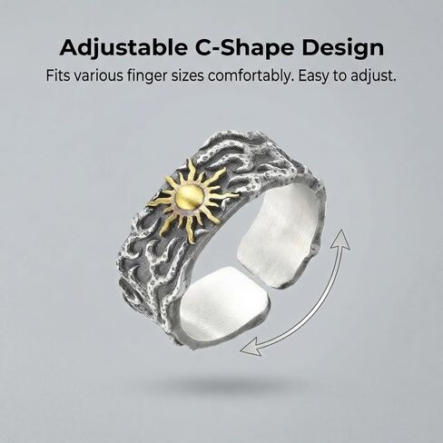 Men's Adjustable Sun Ring Silver Zinc Alloy C-Shaped Ring for Men Women Cool Y2K Fashion Rings Unique Jewelry Trendy Sun Design in Saudi Arabia