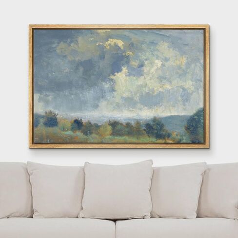 MUDECOR Framed Canvas Print Wall Art Vibrant Blue Sky Emerald Green Forest Nature Wilderness Antique Retro Fine Art Shapes Illustrations Decorative Colorful Multicolor for Bedroom - 16"x24" Natural in Saudi Arabia