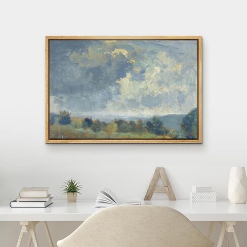 MUDECOR Framed Canvas Print Wall Art Vibrant Blue Sky Emerald Green Forest Nature Wilderness Antique Retro Fine Art Shapes Illustrations Decorative Colorful Multicolor for Bedroom - 16"x24" Natural in Saudi Arabia