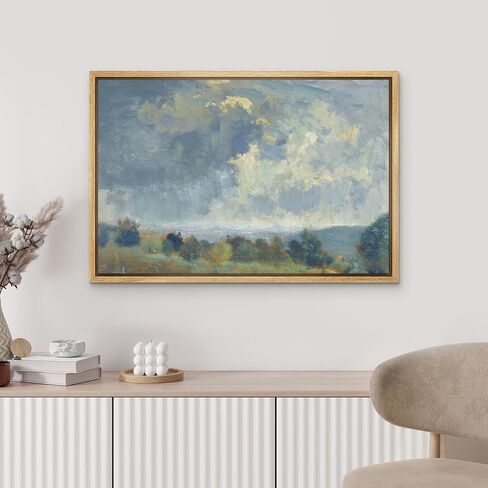 MUDECOR Framed Canvas Print Wall Art Vibrant Blue Sky Emerald Green Forest Nature Wilderness Antique Retro Fine Art Shapes Illustrations Decorative Colorful Multicolor for Bedroom - 16"x24" Natural in Saudi Arabia