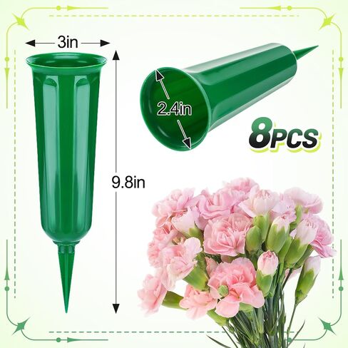 8 Pcs Cemetery Vases for Grave - Plastic Flower Holders with Spikes, Cone Vase for Memorial Day Grave Accessories Cemetery Decorations (Green) in Saudi Arabia
