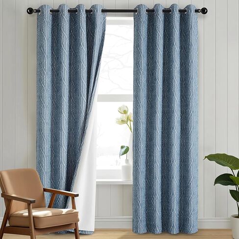 Blue and White Jacquard Blackout Curtains, 52 Inches Wide 84 Inches Long 2 Panels, Thermal Insulated Noise Reducing Grommet Window Treatments Drapes for Bedroom Living Room in Saudi Arabia