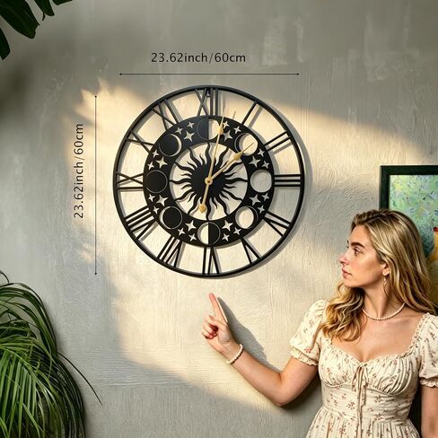 bmuvghi 24" Large Metal Wall Clock, Silent Non-Ticking Clocks with Roman Numerals & Gold Hands, Celestial Moon Phase Decor for Living Room, Farmhouse Wall Decor in Saudi Arabia