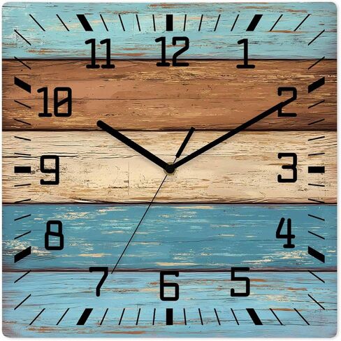 Farmhouse Sage Green Brown Wooden Wall Clock Silent Non Ticking, Vintage Wooden Striped Square Wall Clocks Battery Operated, Decor Clock for Home Office, Living Room, Kitchen, 10 Inch in Saudi Arabia